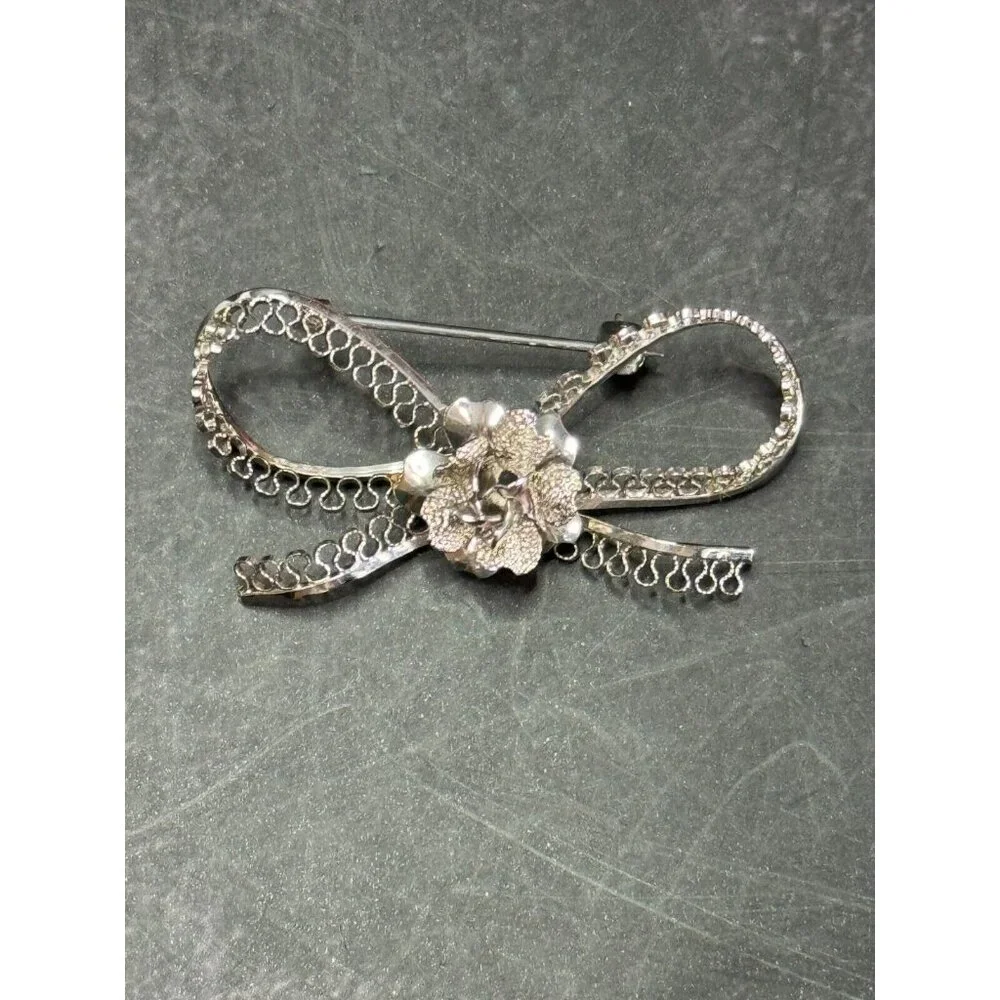Vintage 925 Sterling Silver Star-Art Rose Filigree Bow Dress Pin Brooch New York - Picture 3 of 6